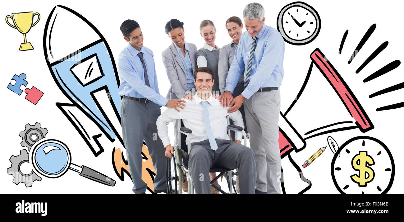 Zusammengesetztes Bild von Geschäftsleuten, die Unterstützung ihrer Kollegen im Rollstuhl Stockfoto