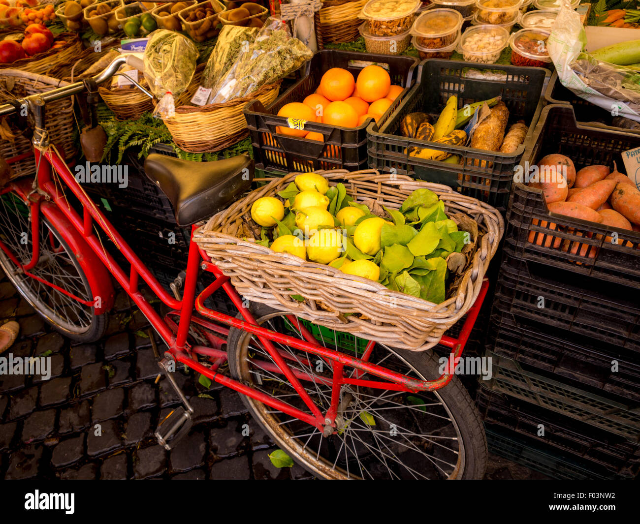 Korb mit Zitronen auf der Rückseite eines Fahrrades am Campo de' Fiori Outdoor-Lebensmittelmarkt in Rom, Italien. Stockfoto