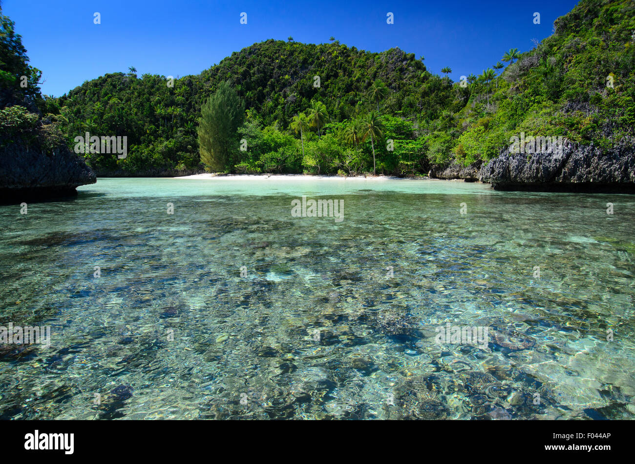 Ein kleiner weißer Strand gesäumt von Korallenriff und umgeben von Grün, Misool Bereich, Raja Ampat, Indonesien, Pazifischer Ozean Stockfoto