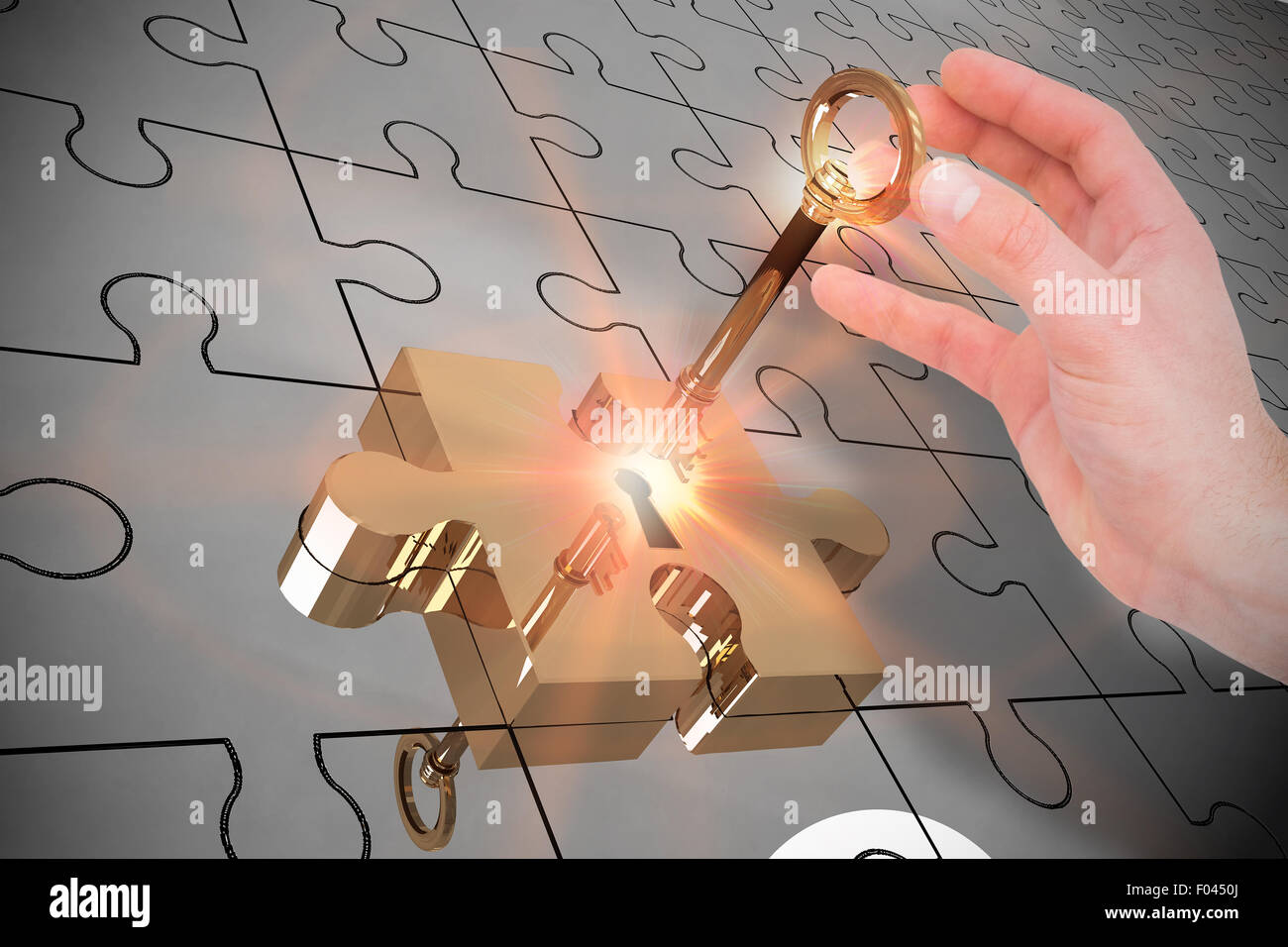 Zusammengesetztes Bild der Geschäftsmann im Anzug hält seine Hand Stockfoto