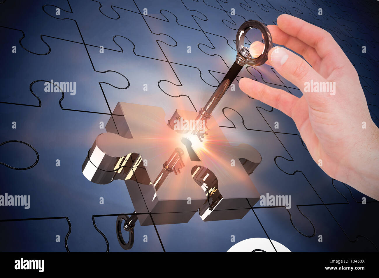 Zusammengesetztes Bild der Geschäftsmann im Anzug hält seine Hand Stockfoto