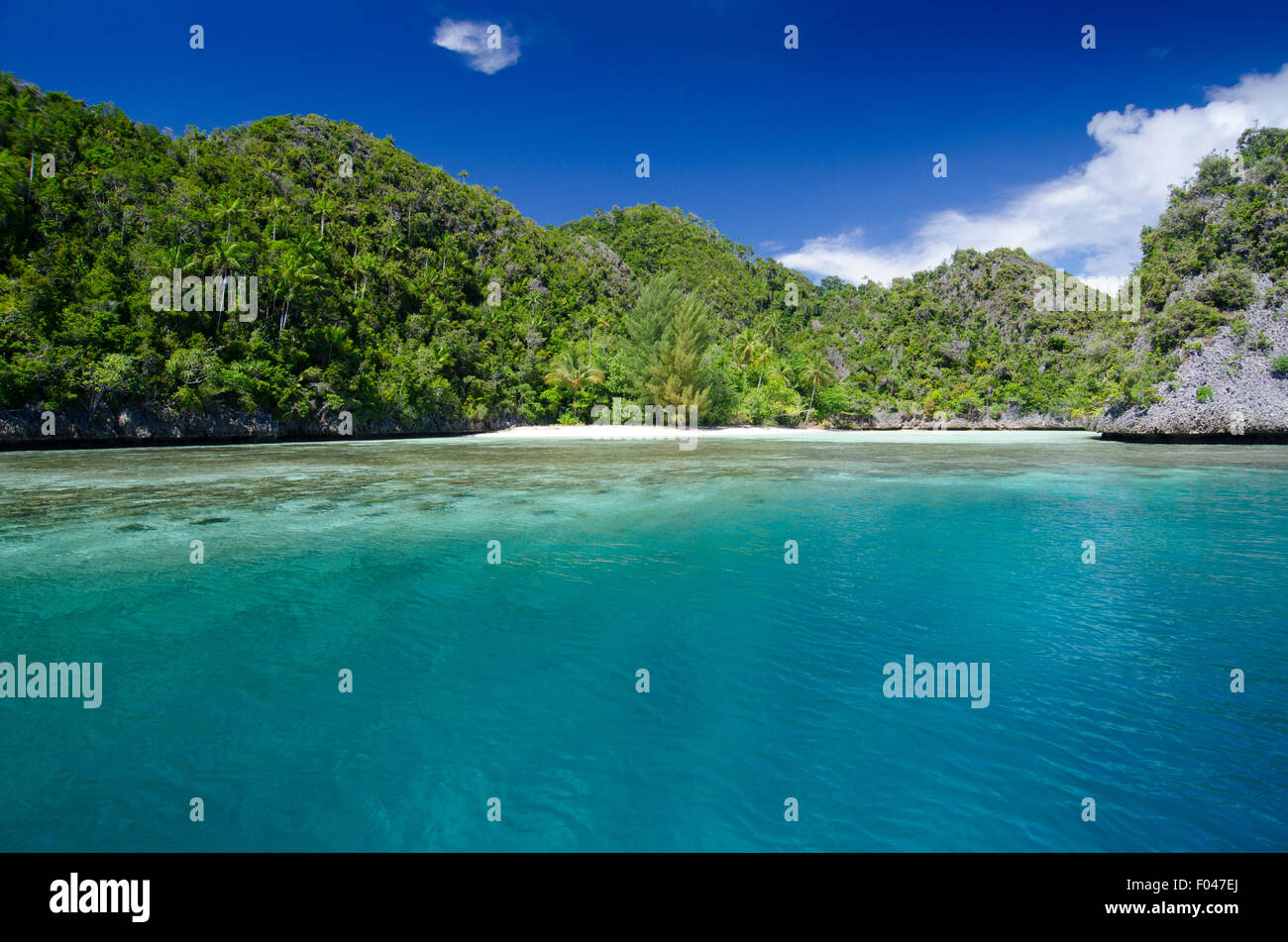 Ein kleiner weißer Strand gesäumt von Korallenriff und umgeben von Grün, Misool Bereich, Raja Ampat, Indonesien, Pazifischer Ozean Stockfoto