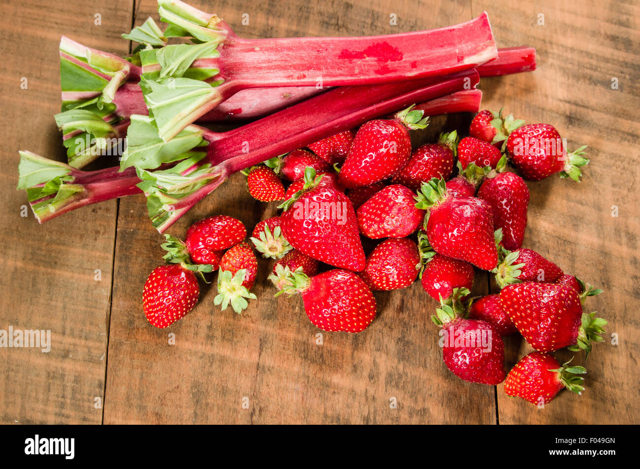 Frische Erdbeeren und Rhabarber bereit, Gelee zu machen Stockfoto