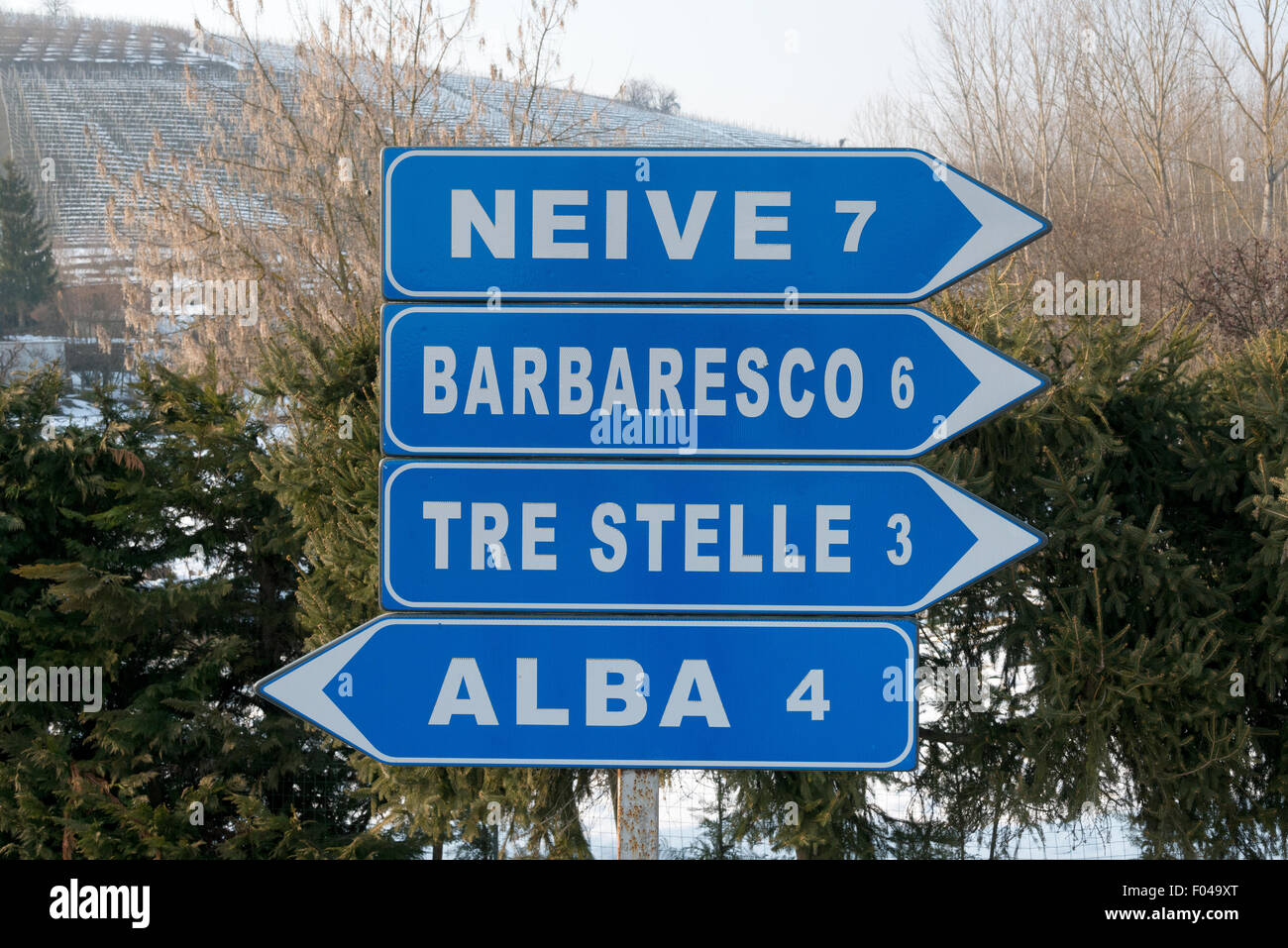 Straßenschilder, Piemont, Italien, Panorama über die Weinberge des Piemonts: Langhe Roero und Monferrato in der Liste der UNESCO Stockfoto