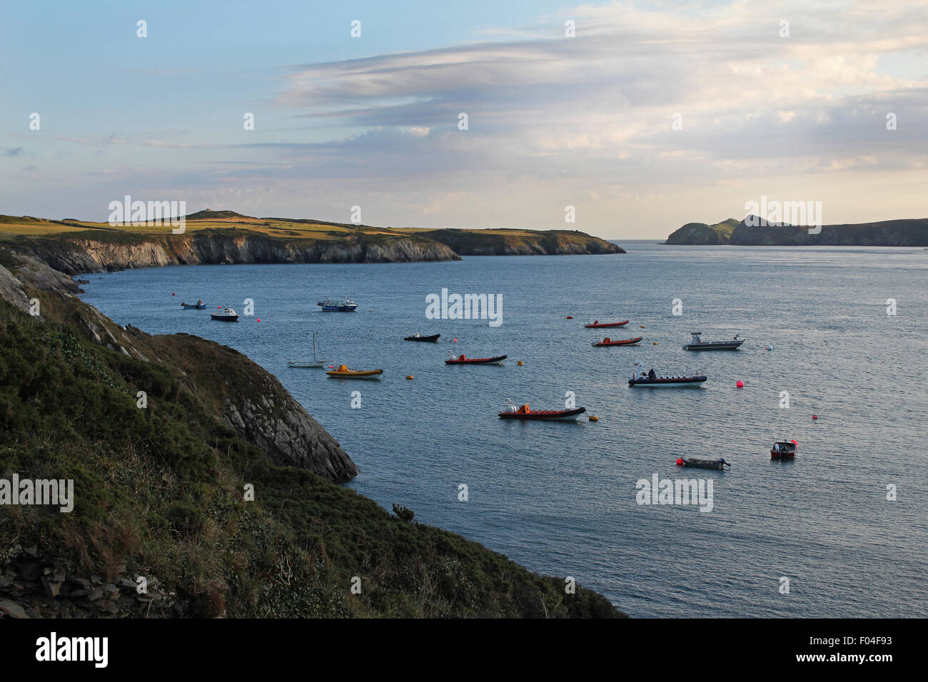 Boote, die Besucher nach Ramsey Island, Pembrokeshire nehmen. Auffassung in der Nähe von St Justinians mit Blick auf Ramsey Sound Stockfoto