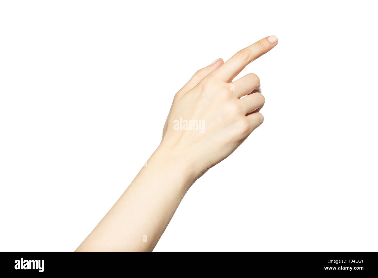 Weibliche Hand klicken, berührende virtuellen Bildschirm isoliert auf weißem Hintergrund. Stockfoto