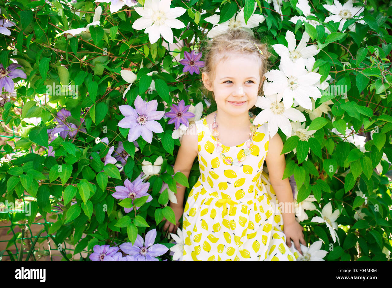 Porträt eines schönen Mädchens im Sommer Kleid, Clematis Blumen auf Hintergrund Stockfoto