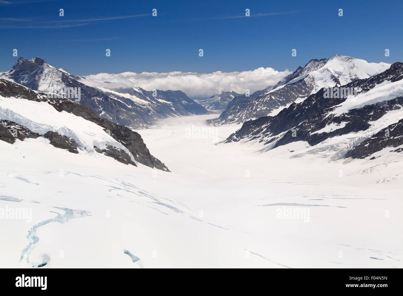 Aletschgletscher, den größten Gletscher der Alpen und UNESCO-Welterbe, fotografiert vom Jungfraujoch, Berner Oberland, Stockfoto