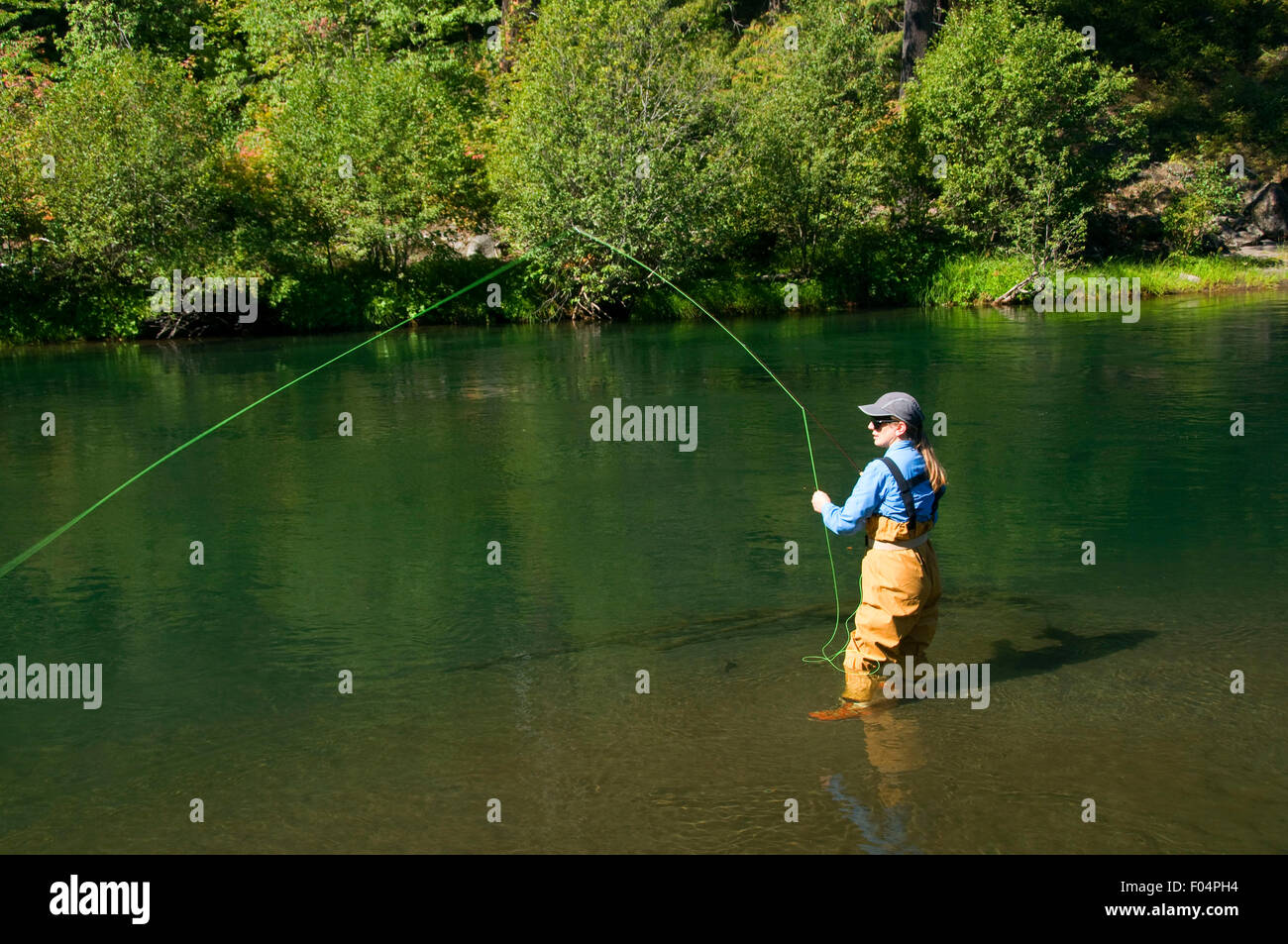 Fliegenfischen am River Bridge, Rogue Wild and Scenic River, Rogue River National Forest, Oregon Stockfoto