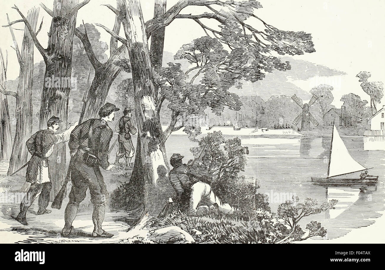 Entdeckung eines Konföderierten Akkus an Messechs Punkt durch ein Spähtrupp des zehnten Regiments New York Zouaven, USA Bürgerkrieg Stockfoto