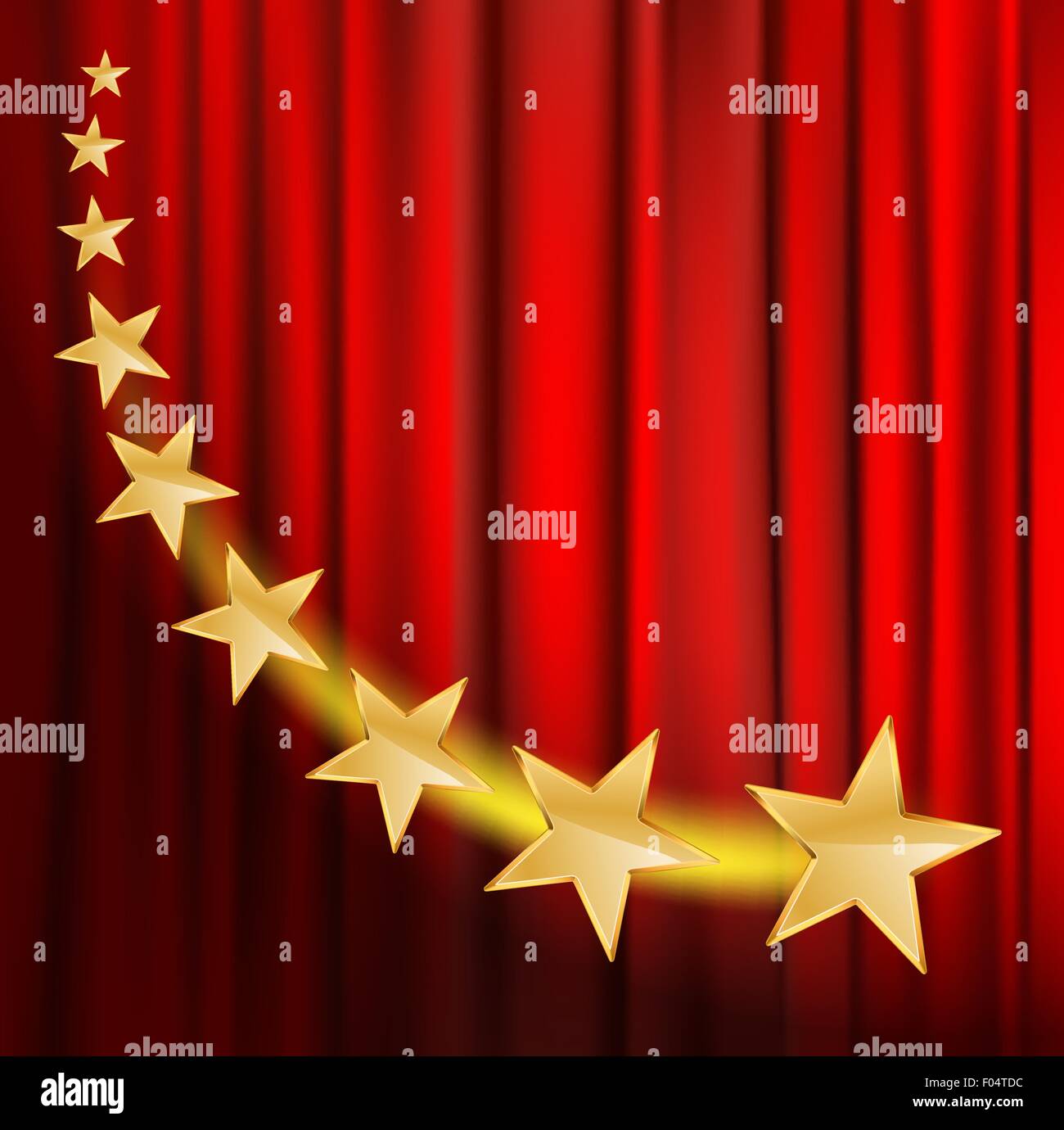 "goldene Sterne" fliegen über roten Vorhang Hintergrund mit spotlight Stock Vektor
