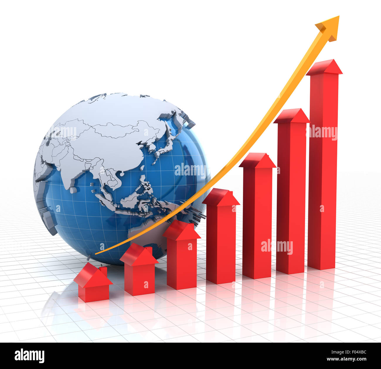 Immobilien-Wachstums-Chart mit Globe, 3d Rendern Stockfoto