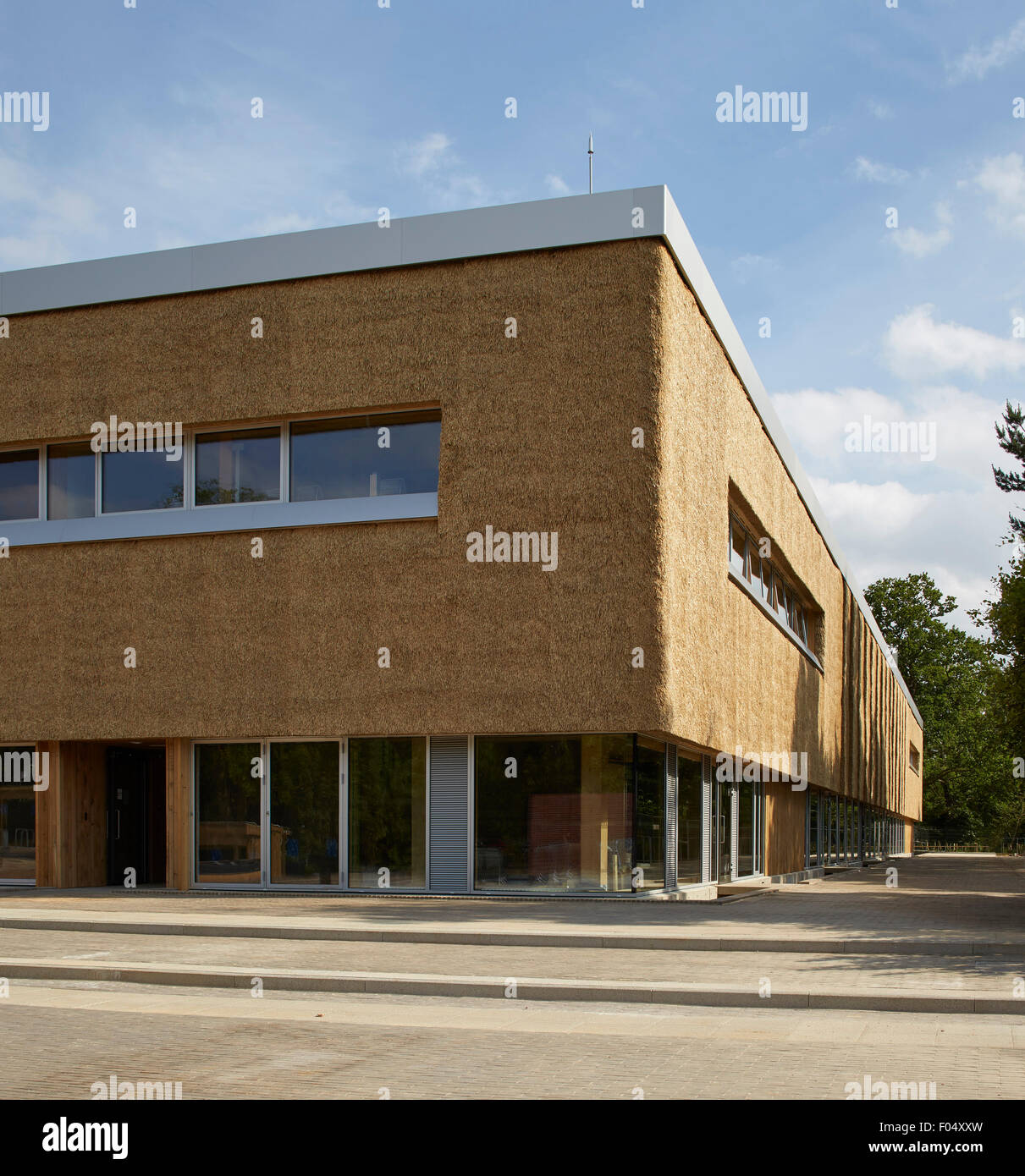 Ecke Höhe von Stroh-Paneel-Fassade. Das Enterprise Centre UEA, Norwich, Vereinigtes Königreich. Architekt: Architype Limited, 2015. Stockfoto