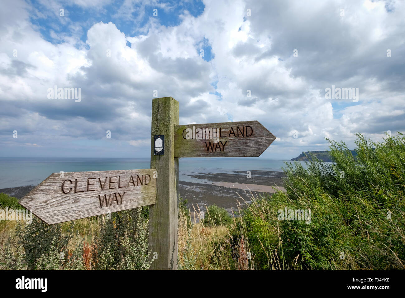 Ein Wegweiser für das Cleveland Way Langstrecken gehen bei Robin Hoods Bay in North Yorkshire Stockfoto