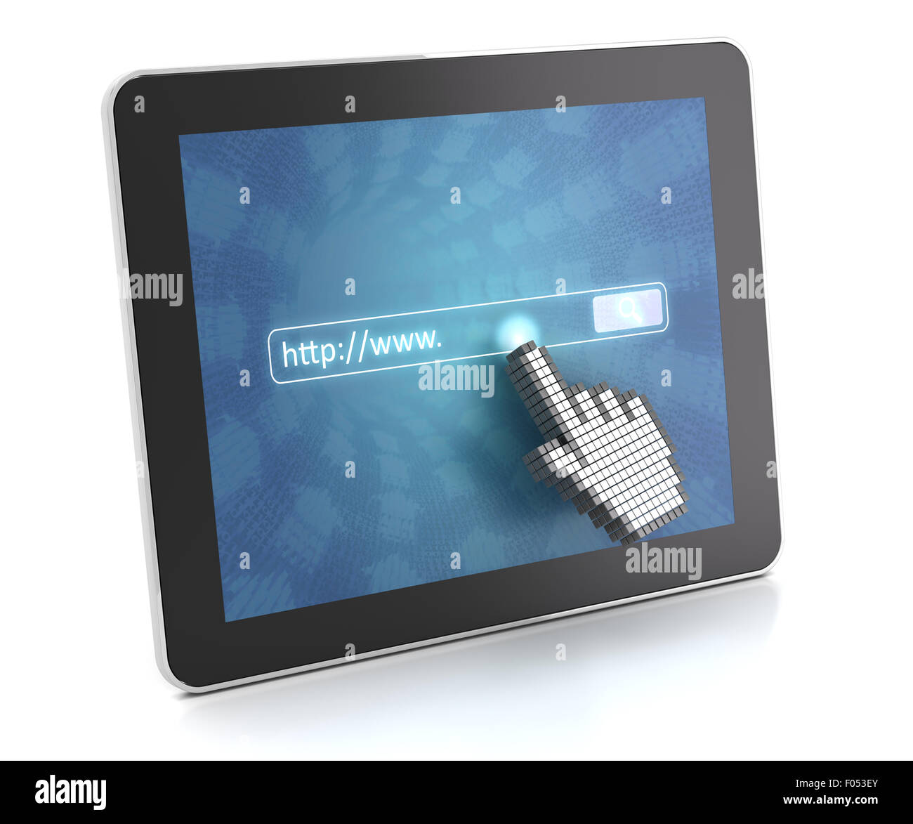Hand-Cursor anklicken ein digitale Tablet mit Internet-Adresse Stockfoto