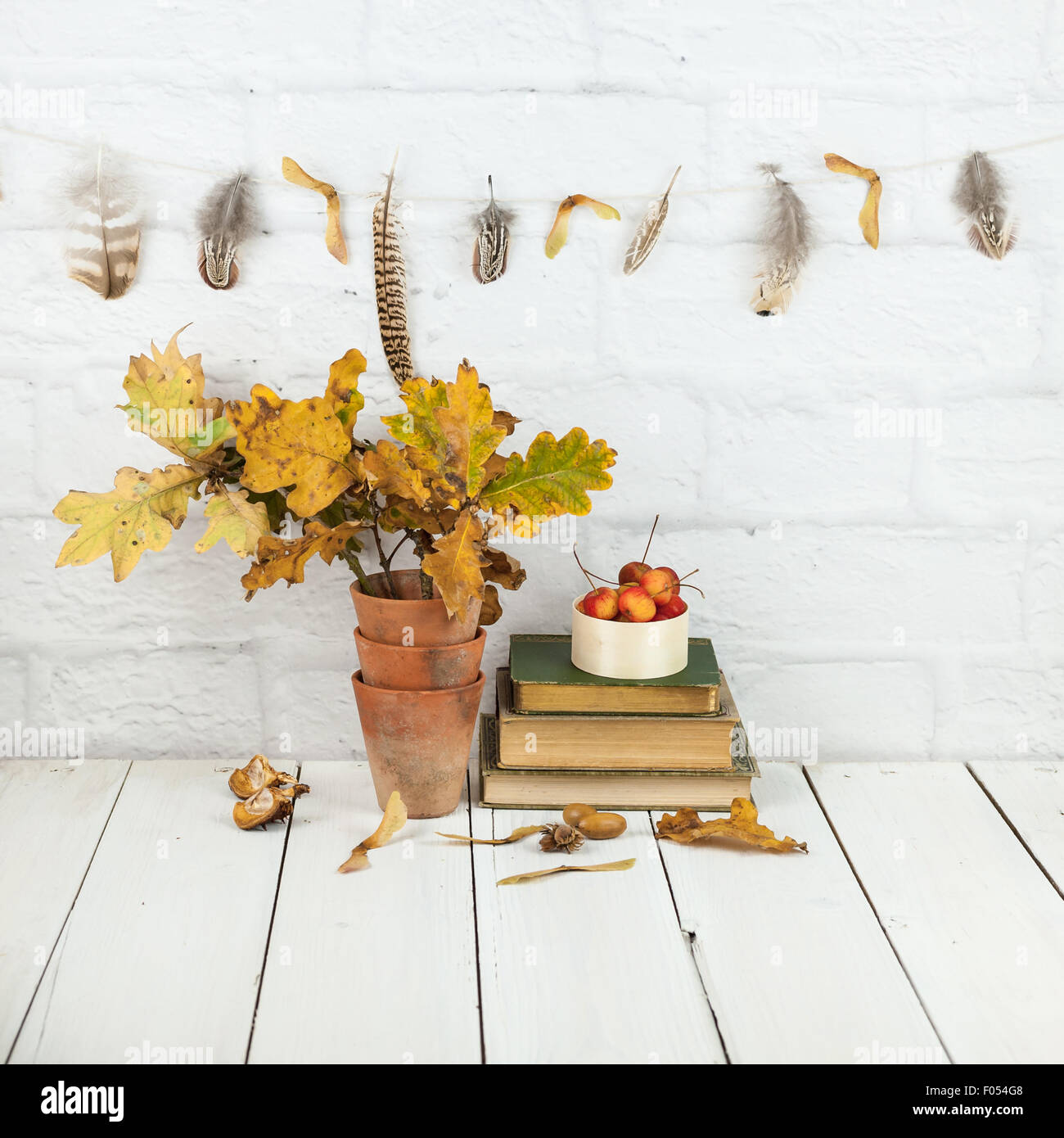 herbstliche Dekorationen zu Hause - Feder und Seedheads Kranz, Eichenlaub, Holzäpfel, Muttern, Bücher Stockfoto