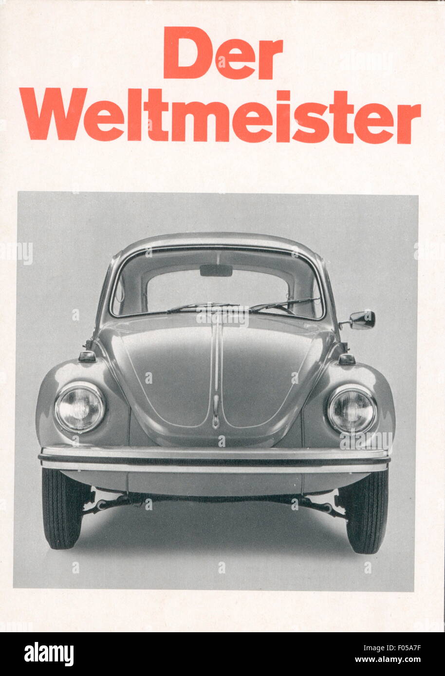 Transport / Transport, Auto, Fahrzeugvarianten, Volkswagen, VW Käfer, 'der Weltmeister', Broschüre anlässlich des Rekordauftrags als meistgefertigtes Fahrzeug der Welt, Deckblatt, 1972, Zusatzrechte-Abfergungen-nicht lieferbar Stockfoto