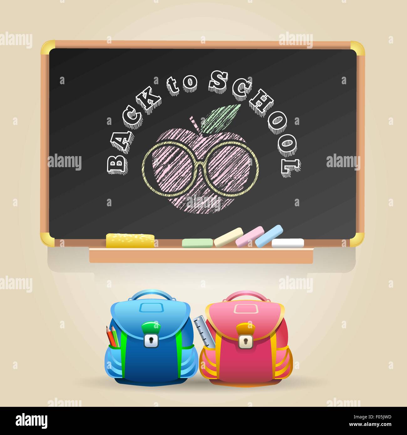 Klasse-Tafel mit Schriftzug zurück zur Schule. Zeichen des Apple in einer Brille und zwei Schultaschen. Stock Vektor