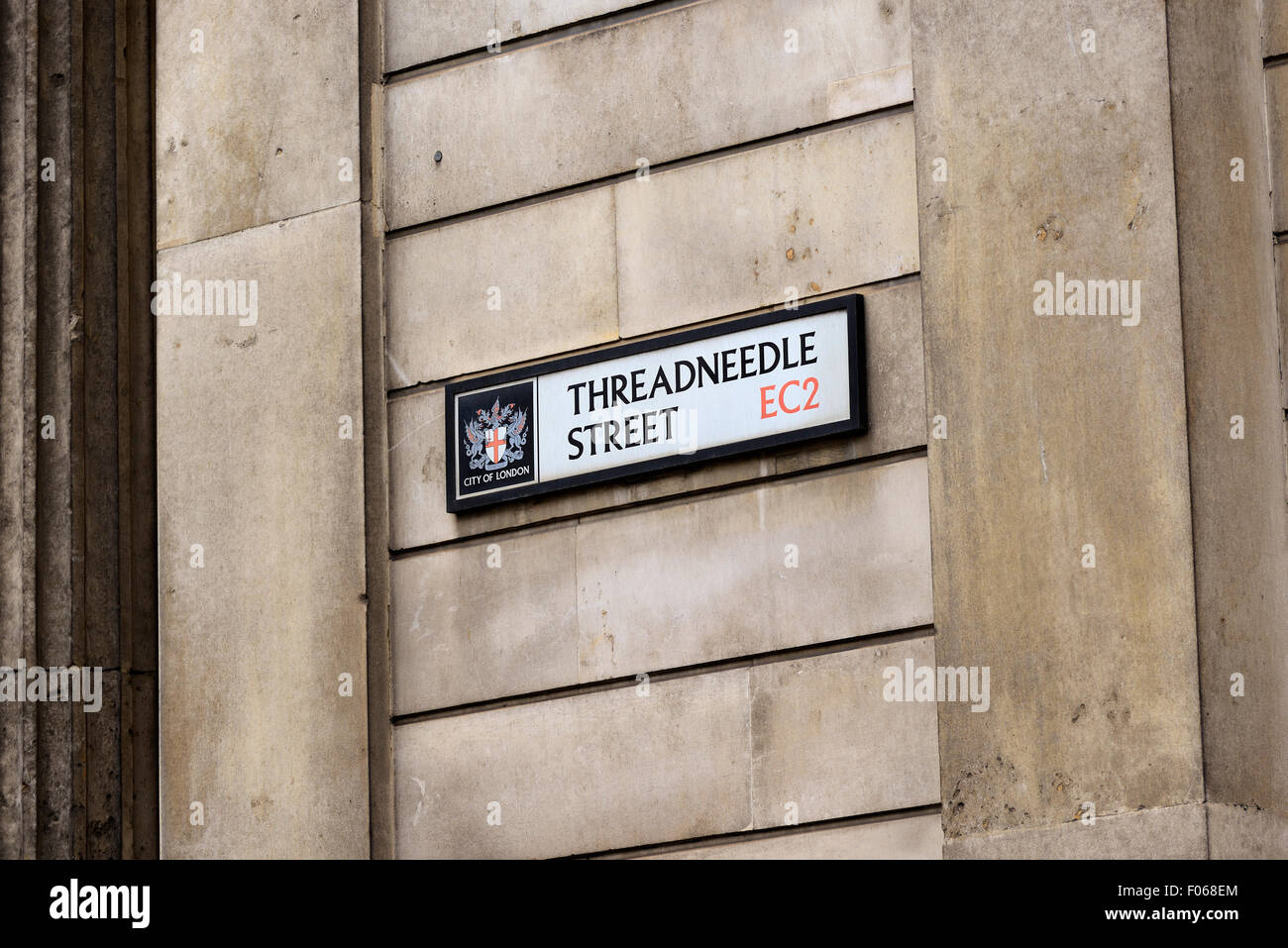 Straßenschild Threadneedle Street, London, UK. Stockfoto