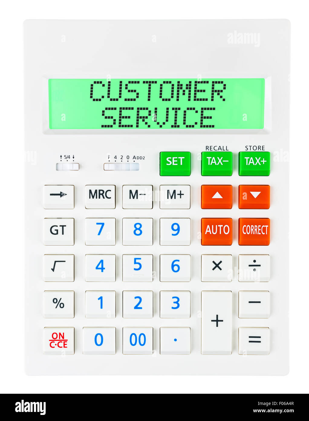 Taschenrechner mit Kundenservice auf display isolierten auf weißen Hintergrund Stockfoto