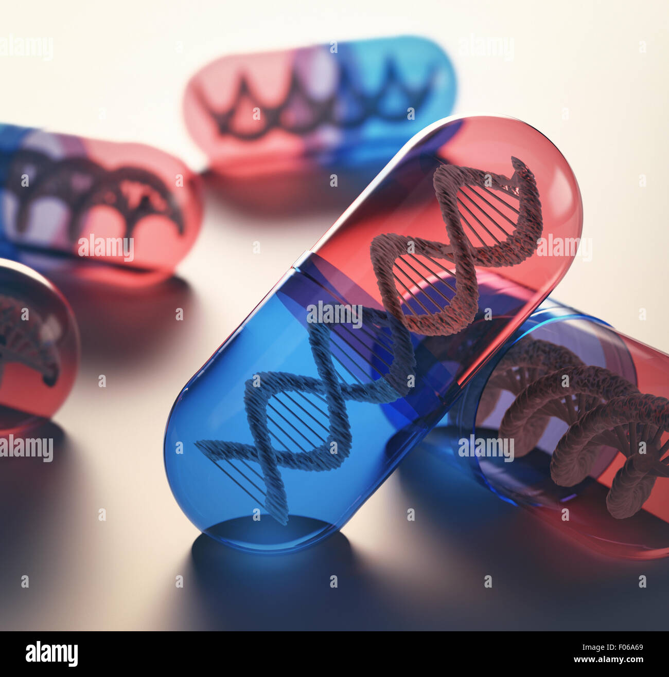 Tabletten mit genetischen Code im Inneren. Konzept des Fortschritts der Medizin bei der Behandlung von Krankheiten. Stockfoto