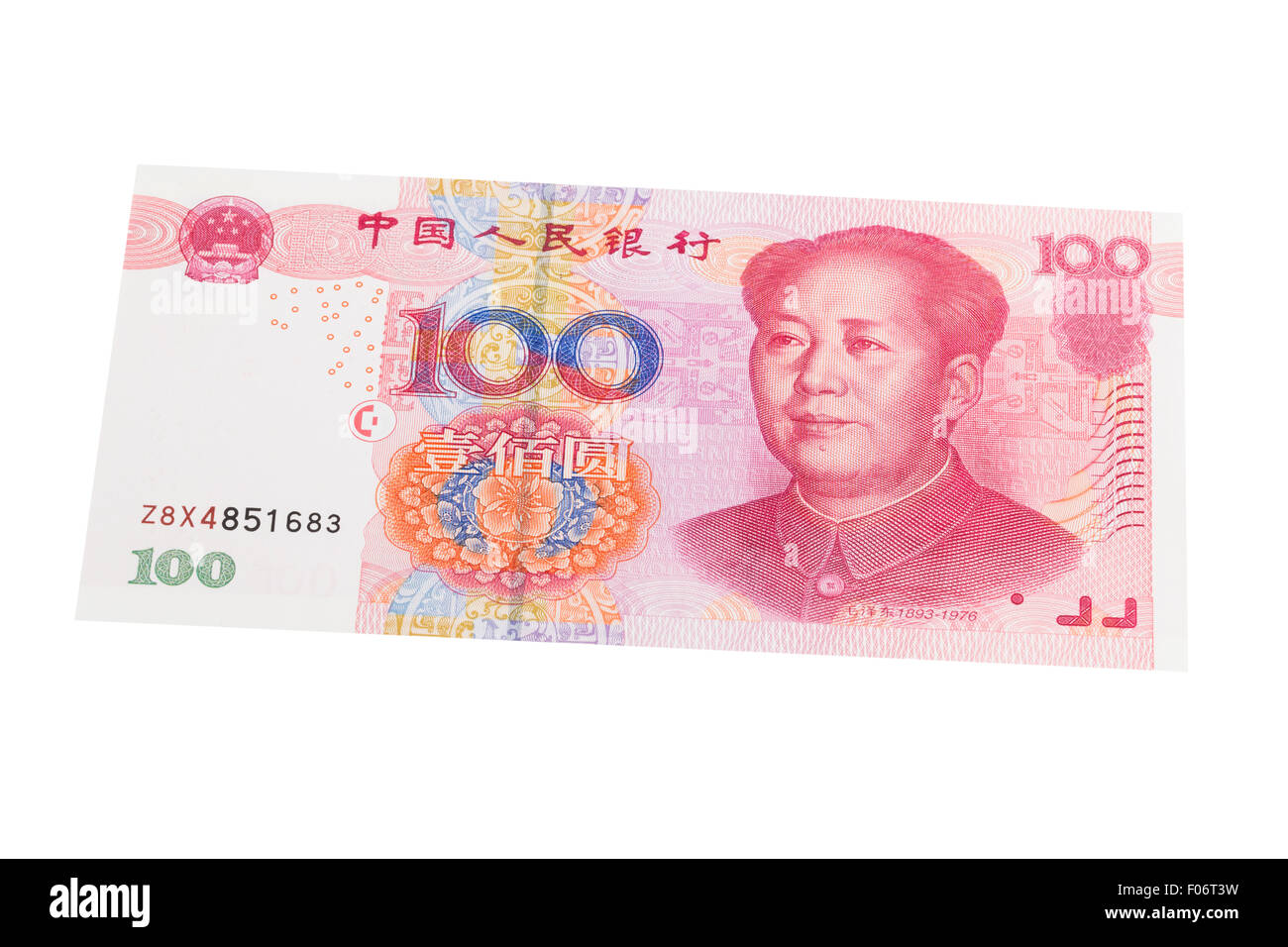 100-Yuan-Banknote auf weißem Hintergrund Stockfoto