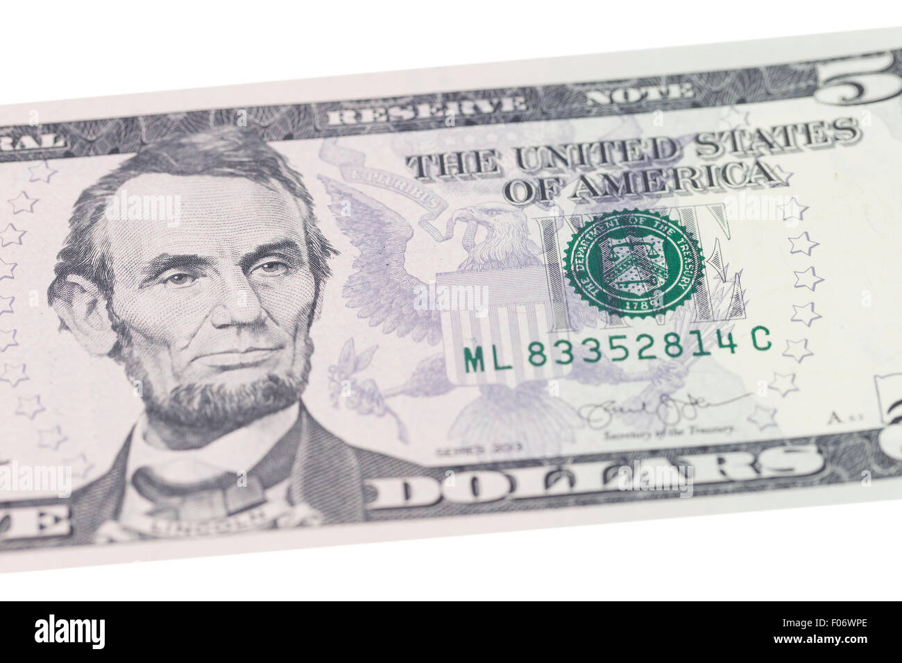 Abraham Lincoln Portrait auf fünf-Dollar-banknote Stockfoto