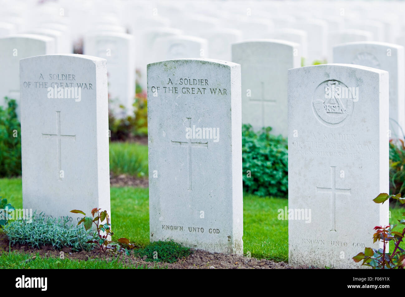Unmarkierte Grabsteine am Tyne Cot Commonwealth War Graves Cemetery and Memorial in Belgien Stockfoto