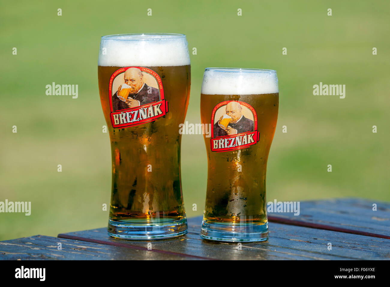 Tschechisches Bier Glas Breznak, rechtes Paar tschechisches Bier Stockfoto
