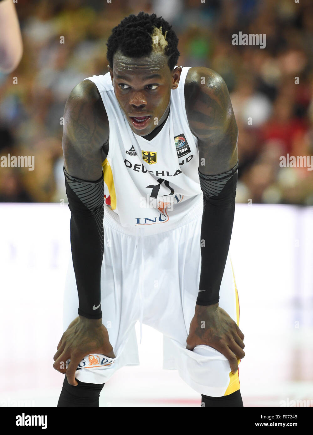 Wetzlar, Deutschland. 7. August 2015. Deutschlands Dennis Schroeder reagiert während der Basketball-internationale freundlich Deutschland Vs Tschechien in Wetzlar, Deutschland, 7. August 2015. Foto: Arne Dedert/Dpa/Alamy Live-Nachrichten Stockfoto