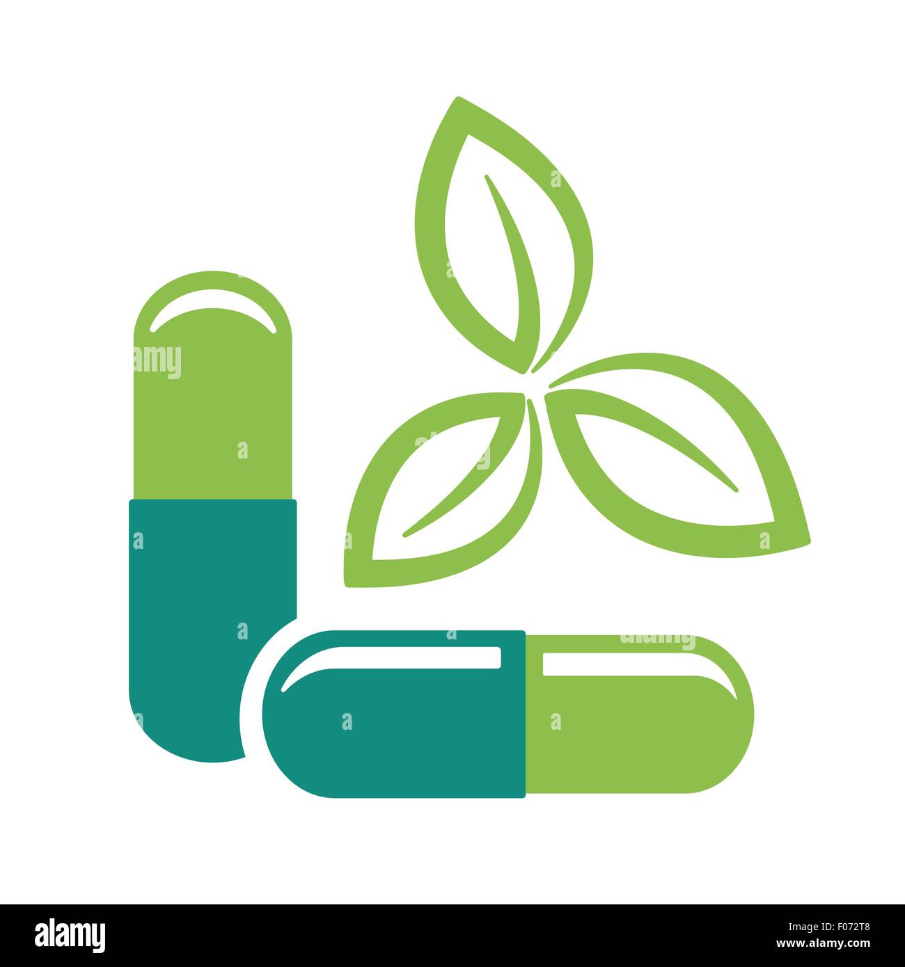 Kräuterpillen. Grüne Blätter und Medizin Pillen Symbol Vektor-Illustration. Stock Vektor