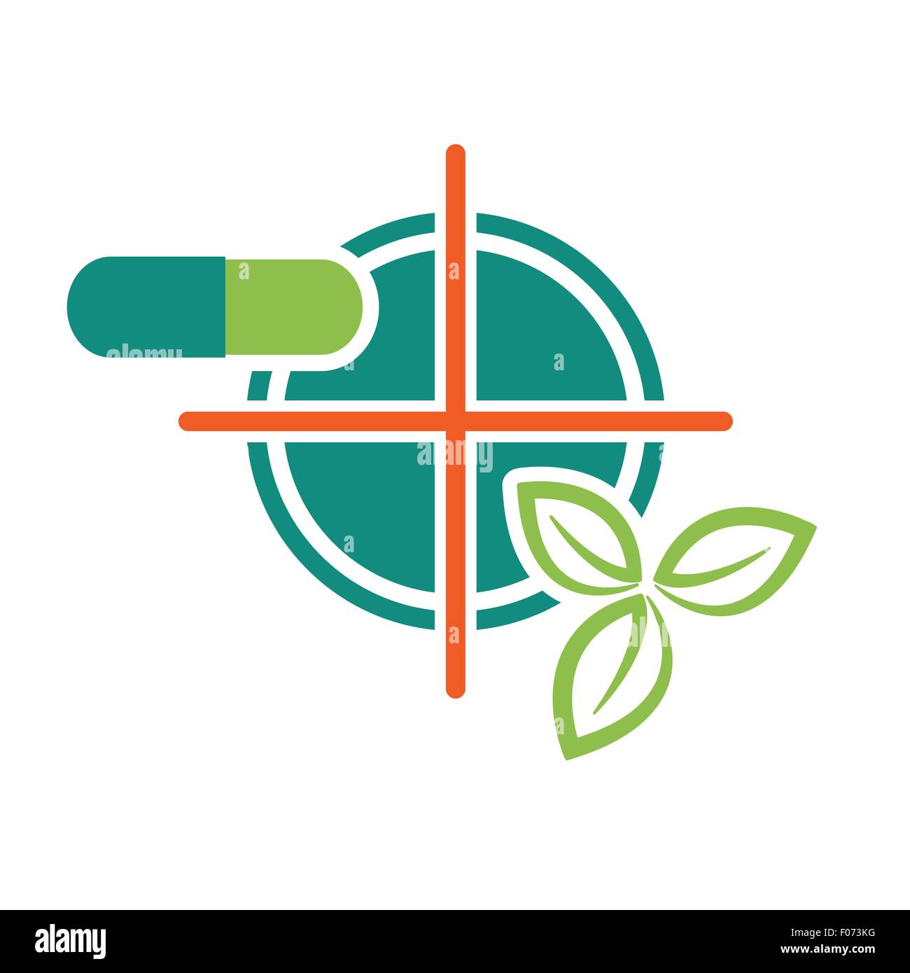 Pille und grüne Blätter auf Zielsymbol als natürliche ingradient Apotheke-Gesundheit-Konzept-Vektor-Illustration. Stock Vektor
