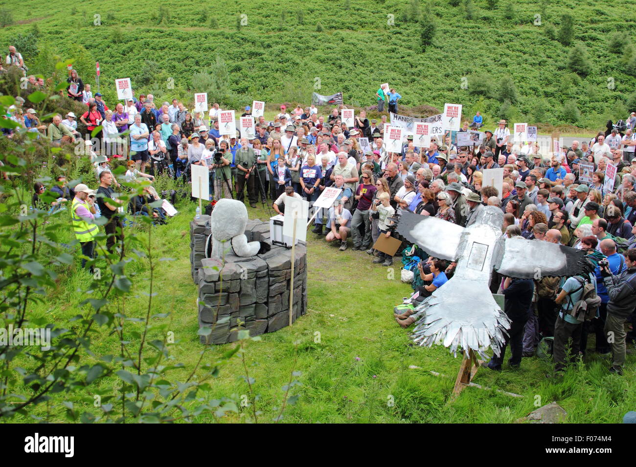 Goyt Valley, Peak District, UK. 9. August 2015. Mitkämpfer, einschließlich Broadcaster, Chris Packham und Umweltschützer, Dr. Mark Avery Kundgebung an Goytsclough Steinbruch in der Nähe von Buxton illegale Verfolgung von Henne Geländeläufer zu verurteilen. Mitkämpfer sagen, den Raubvogel war "gemeinsamen und weit verbreitet", sondern "lentless Verfolgung" als "cataclysmic Fallen' in Zahlen bedeutet. Packham sagte die Kornweihe hat ein "Totemistischen Symbol für etwas, die schleichend falsch ist mit unserer Landschaft und ihrer Misshandlung zu werden". Die Veranstaltung ist eine von sieben, die heute in ganz Großbritannien. Quelle: Deborah Vernon/Alamy leben Nachrichten Stockfoto