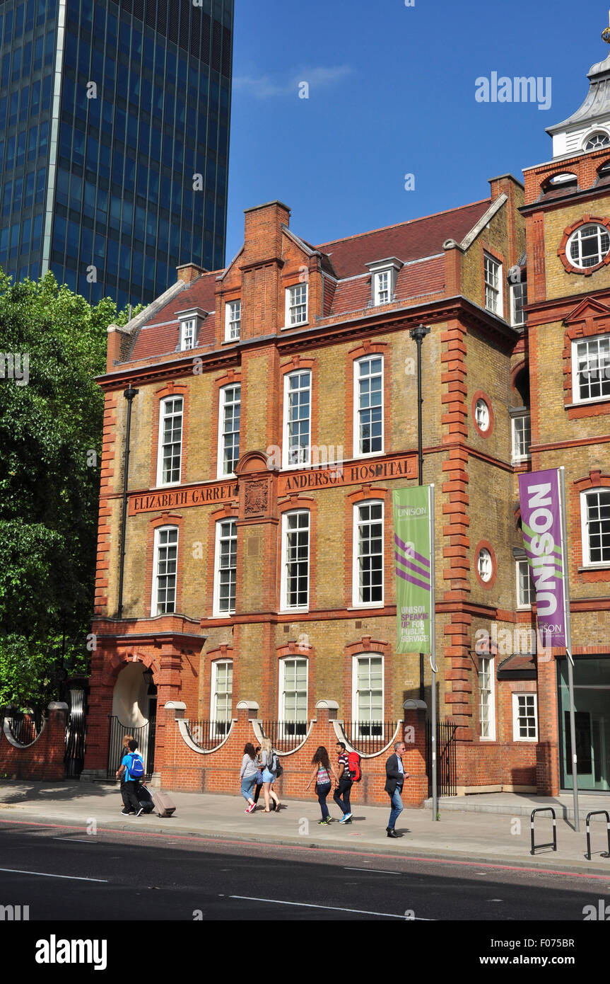 Vorderseite des ehemaligen Elizabeth Garrett Anderson Hospital bauen, Euston Road, London, England, UK Stockfoto