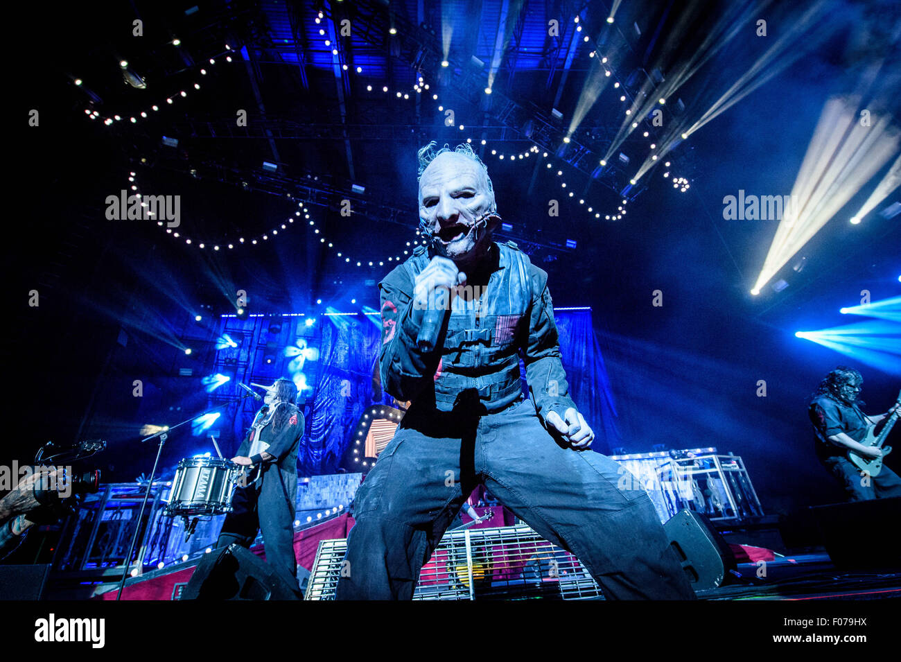 Toronto, Ontario, Kanada. 8. August 2015. US-amerikanische Heavy-Metal-Band Slipknot Headliner die Show im Molson Canadian Amphitheater in Toronto. Bandmitglieder: COREY TAYLOR, MICK THOMSON, JIM ROOT, CRAIG JONES, SID WILSON, SHAWN CRAHAN, CHRIS FEHN, ALESSANDRO VENTURELLA, JAY WEINBERG © Igor Vidyashev/ZUMA Draht/Alamy Live News Stockfoto