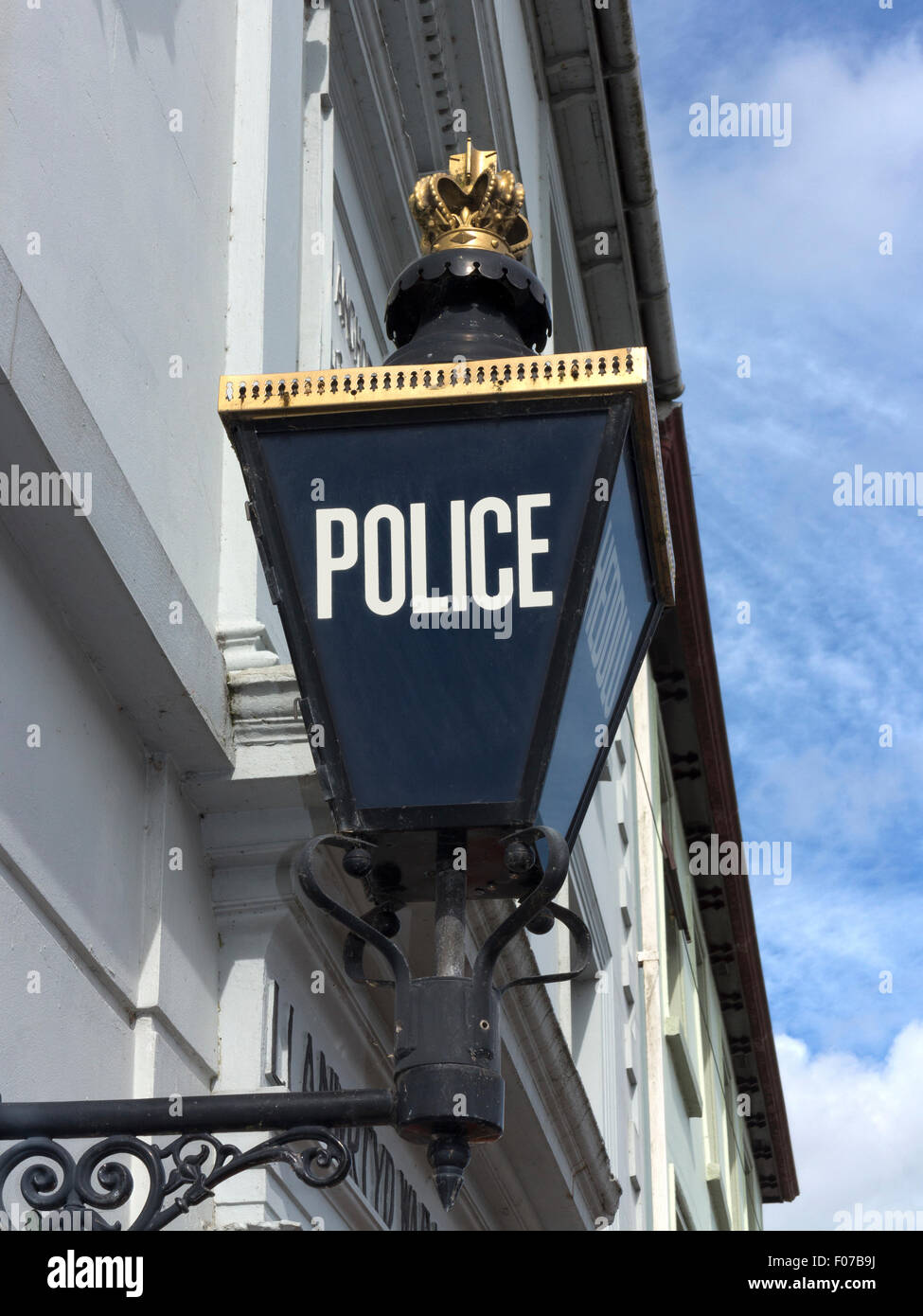 Blaue Licht in Llanwrtyd Wells Powys, Mid Wales Polizeistation Stockfoto