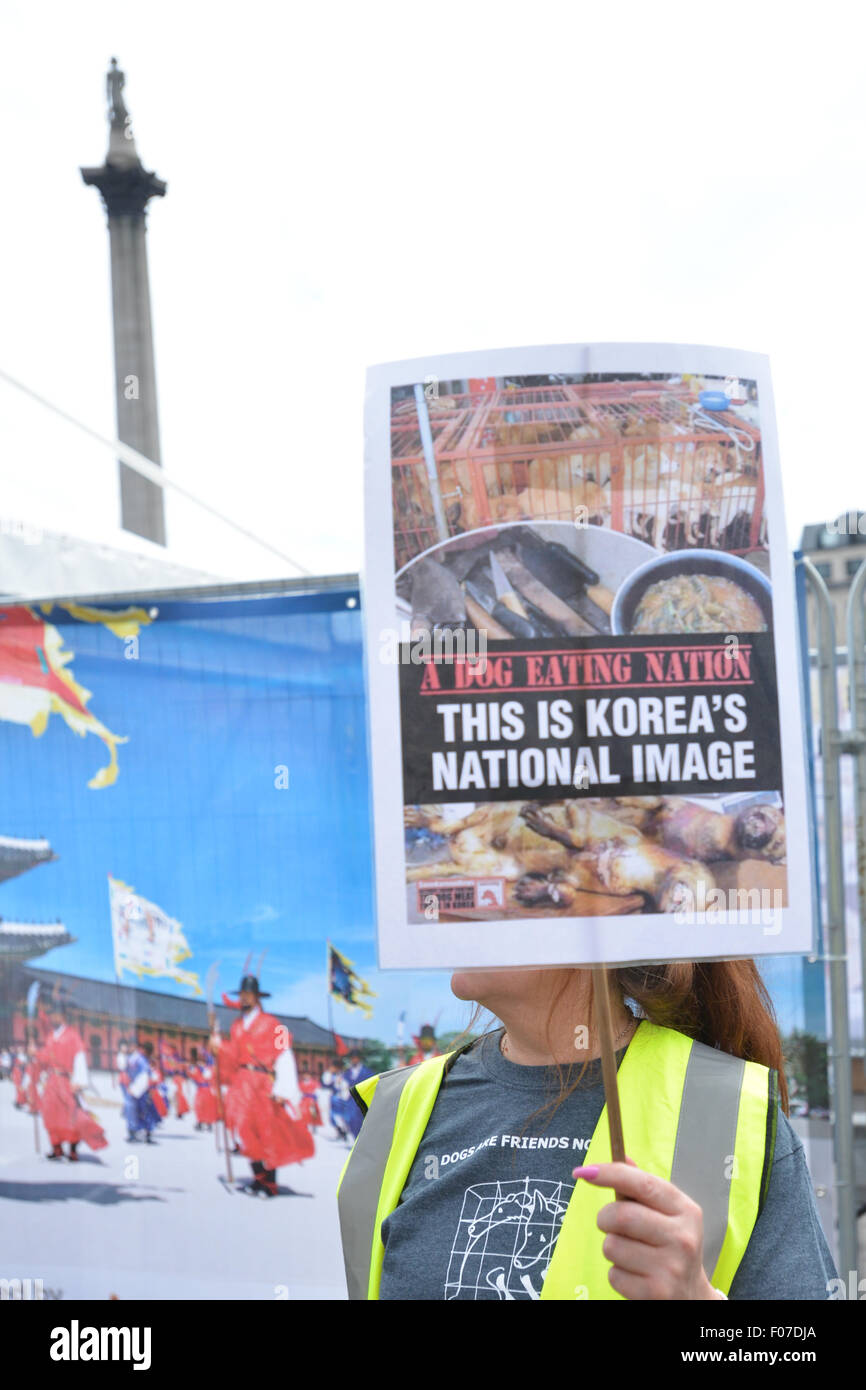 Trafalgar Square, London, UK. 9. August 2015. Demonstranten halten Banner gegen die Koreaner Hundefleisch Handel © Matthew Chattle/Alamy Stockfoto