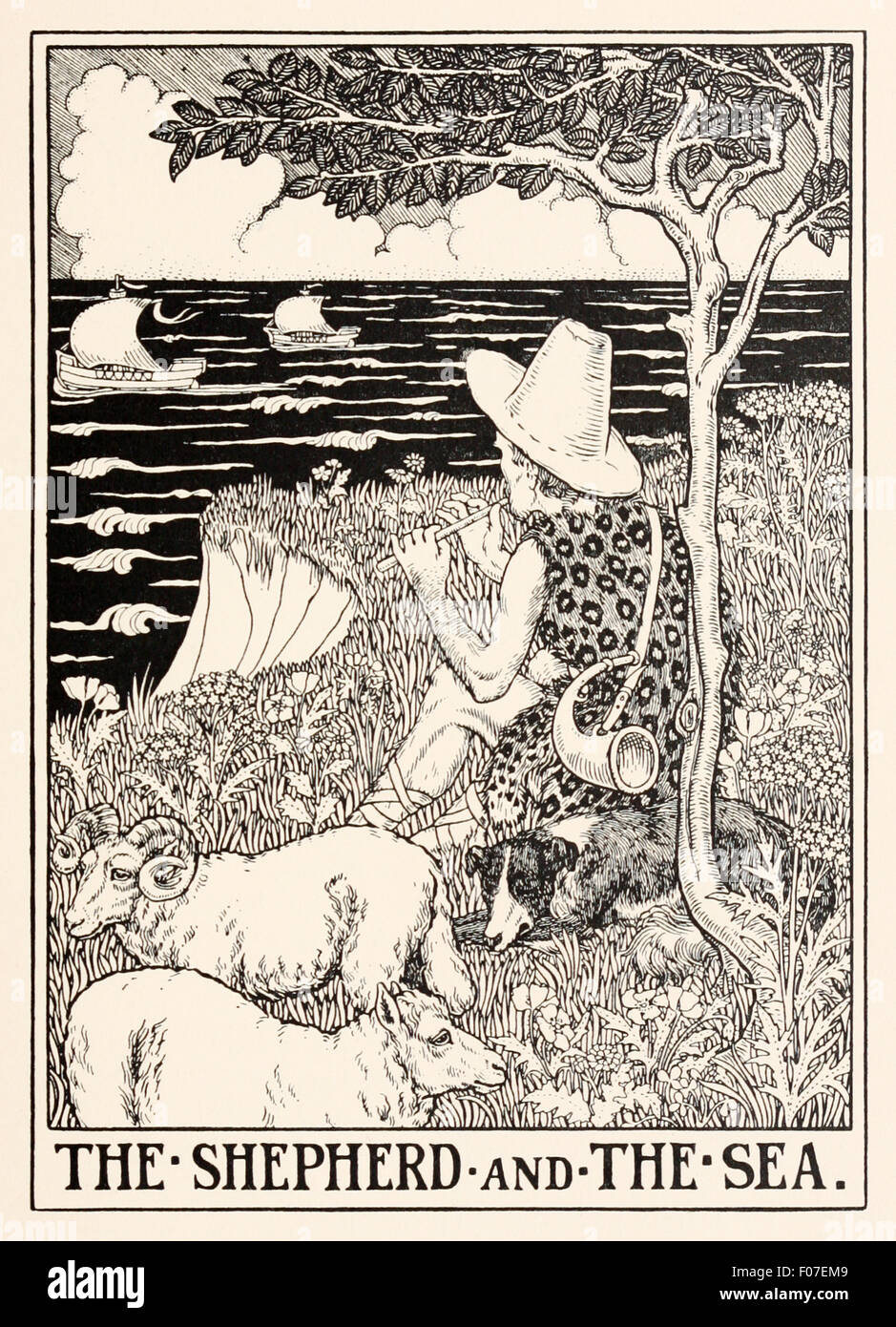 "Der Hirte und das Meer" Fabel von Aesop (ca. 600). Ein Hirte sah die ruhige See und sie überqueren wollte. Er verkaufte seine Schafe nur auf hoher See in einem Sturm ertrunken sein.  Sein Schiff in einem Sturm sank und er alles verloren. Verstehen, was Sie tun, bevor Sie es tun. Illustration von Percy J. Billinghurst. Siehe Beschreibung für mehr Informationen. Stockfoto