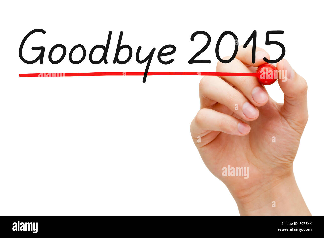 Hand, unterstreichend, Goodbye 2015 mit roten Markierung isoliert auf weiss. Stockfoto