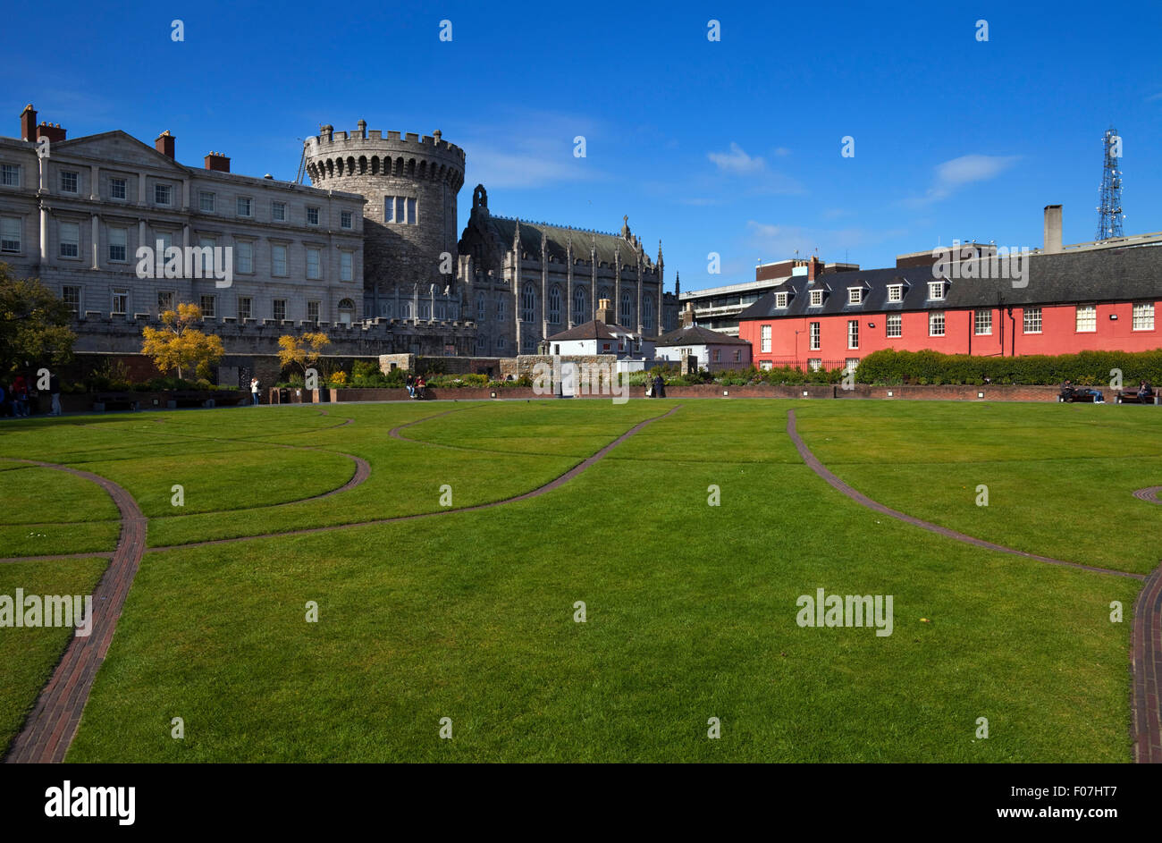 Die Rekord-Turm, Chapel Royal und anderen Gebäuden, von the Dubh Linn Gärten hinter Dublin Castle, Stadt Dublin, Irland Stockfoto