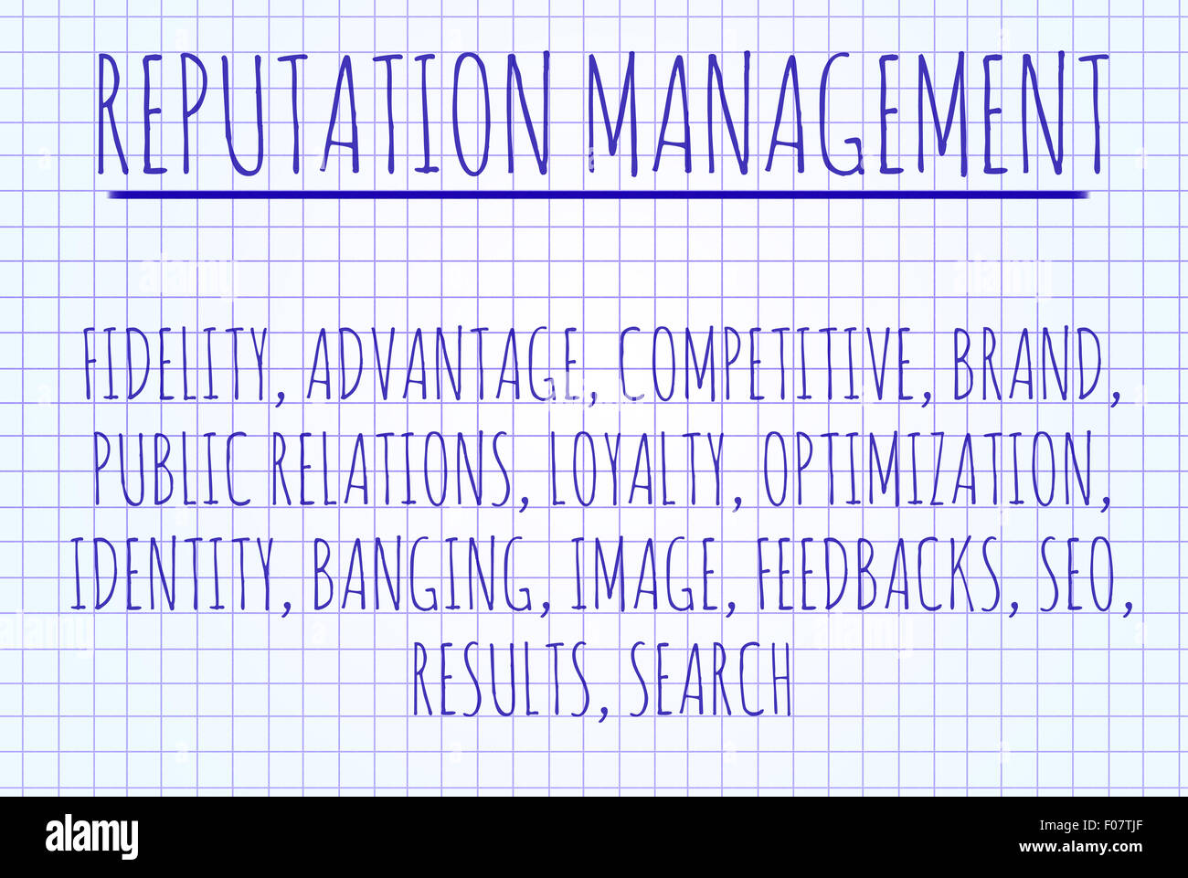 Reputation Management Wortwolke auf ein Stück Papier geschrieben Stockfoto