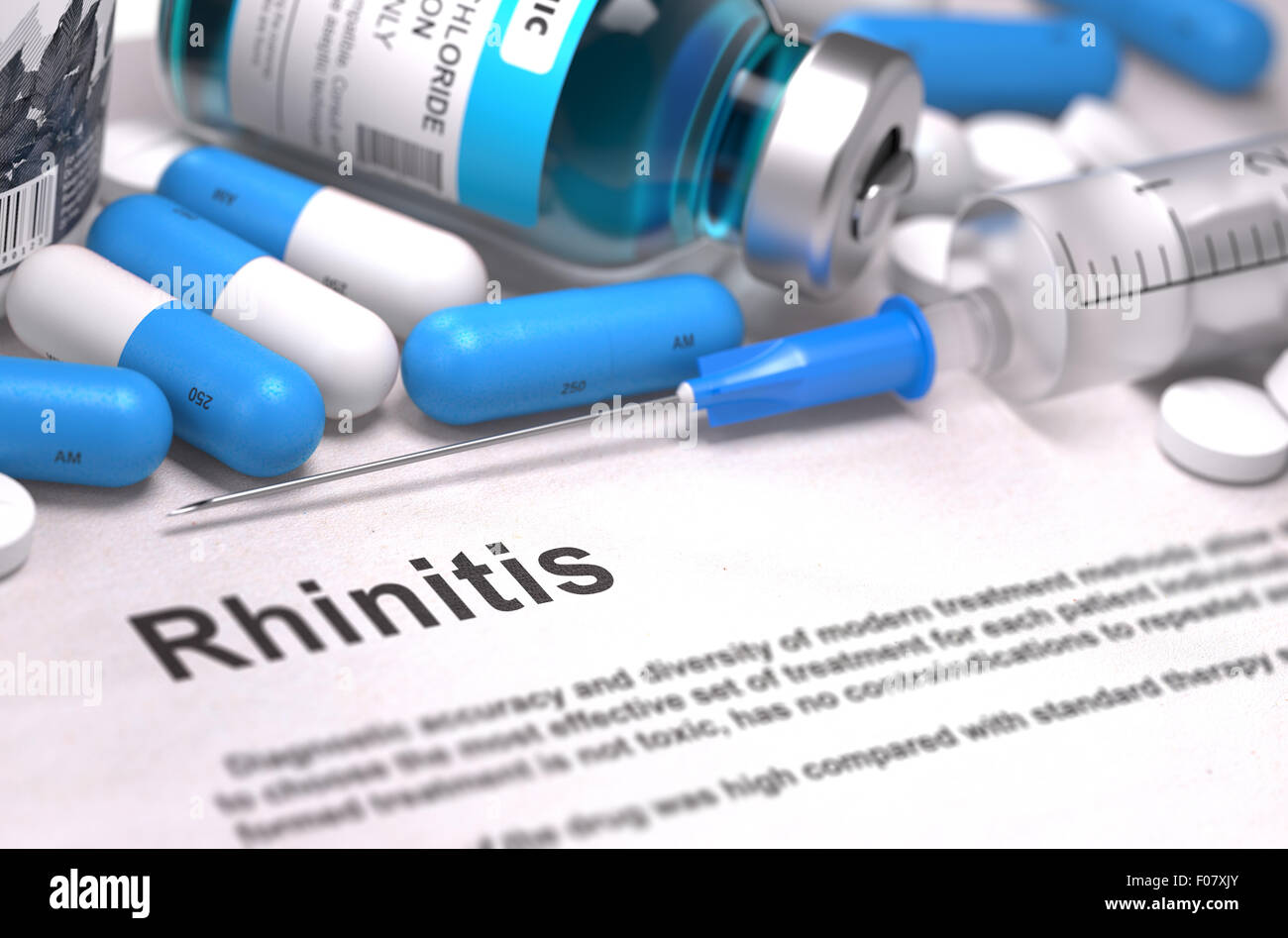 Rhinitis-Diagnose. Medizinisches Konzept. Zusammensetzung der Medikamente. Stockfoto