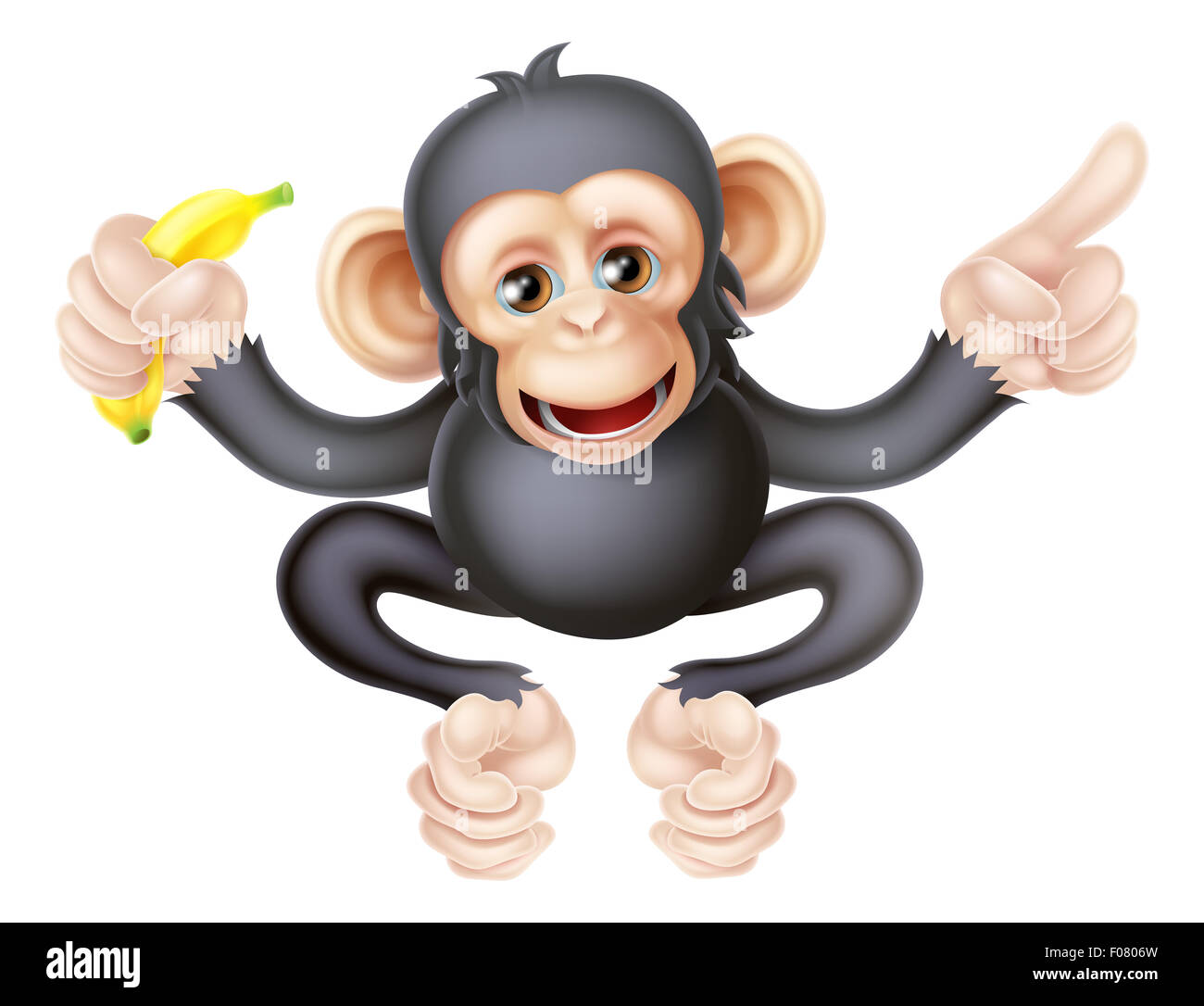 Cartoon Schimpanse Affe wie Charakter-Maskottchen hält eine Banane und zeigen Stockfoto