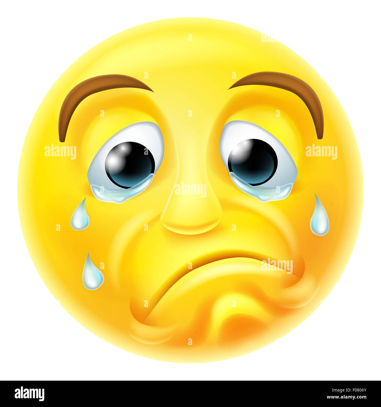 Eine traurige weinende Emoji Emoticon Smiley Gesicht Charakter mit Tränen über sein Gesicht Stockfoto