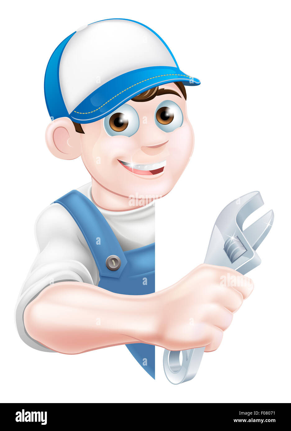 Cartoon Klempner oder Auto Reparatur Mechanikerservice Handwerker Arbeiter Mann spähen Runde Zeichen und hält einen Strich durch Stockfoto