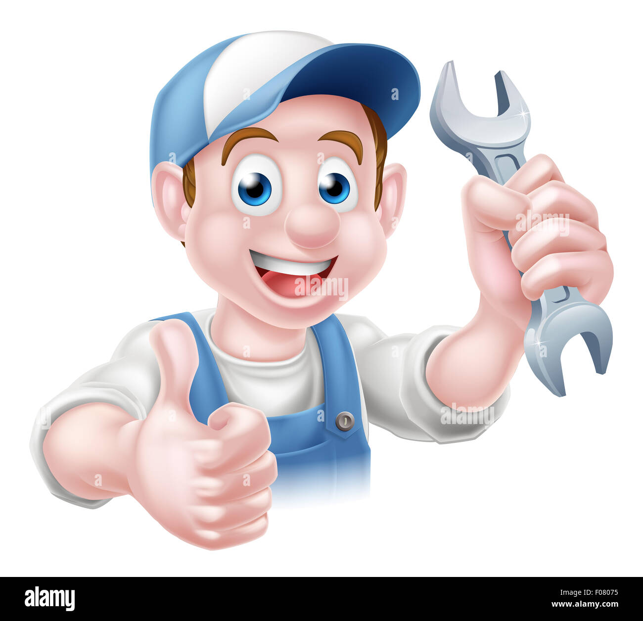 Cartoon Klempner oder Auto Reparatur Mechanikerservice Handwerker Arbeiter Mann geben einen Daumen nach oben und halten einen Strich durch Stockfoto