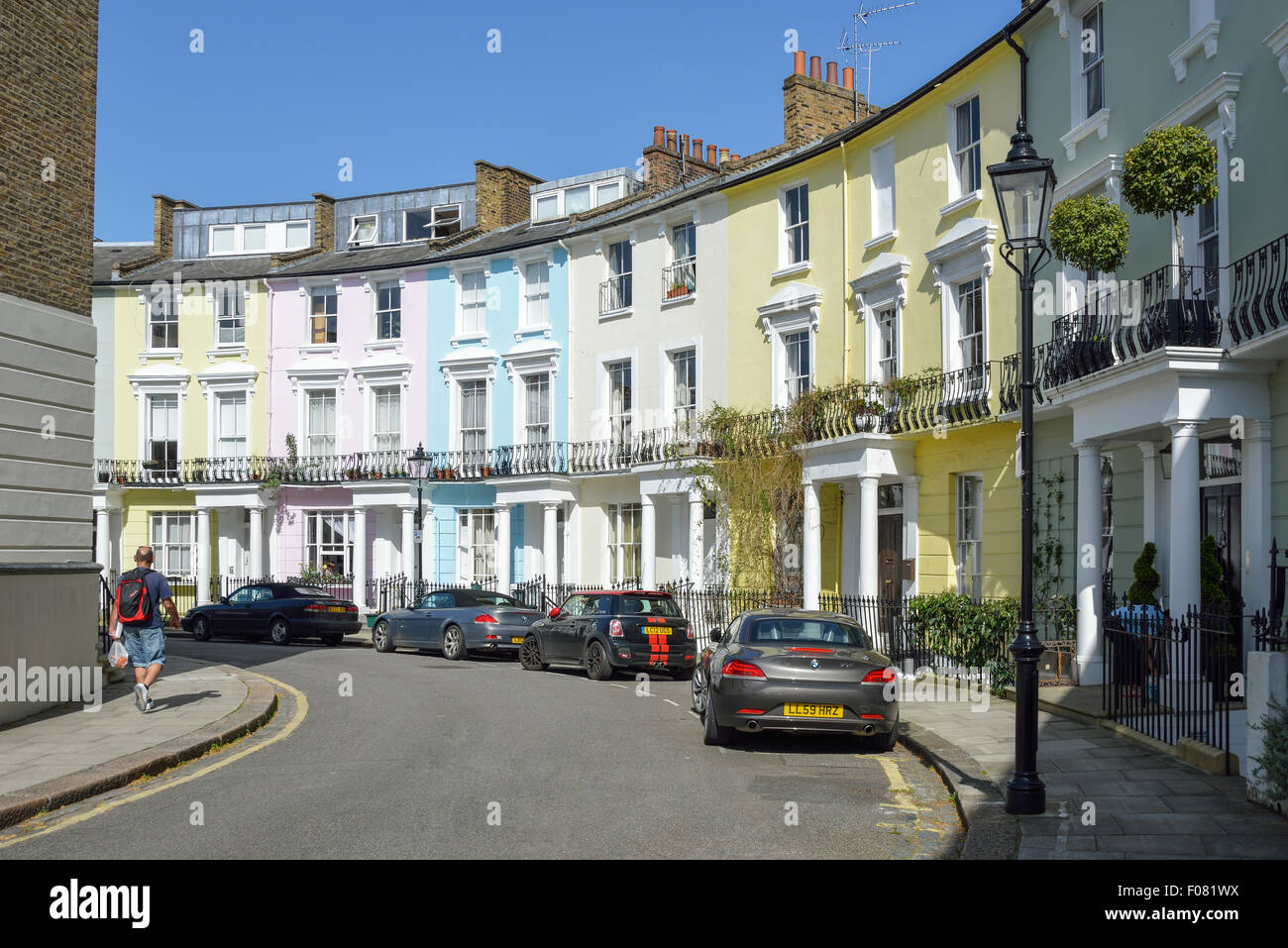 Farbenfrohe Terrasse beherbergt, Chalcot Crescent, Primrose Hill, London Borough of Camden, London, England, Vereinigtes Königreich Stockfoto