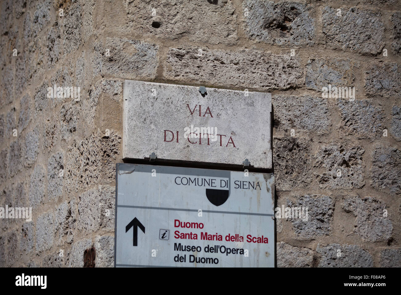 Die Streetsign der Via di Città in Siena, Toskana Stockfoto