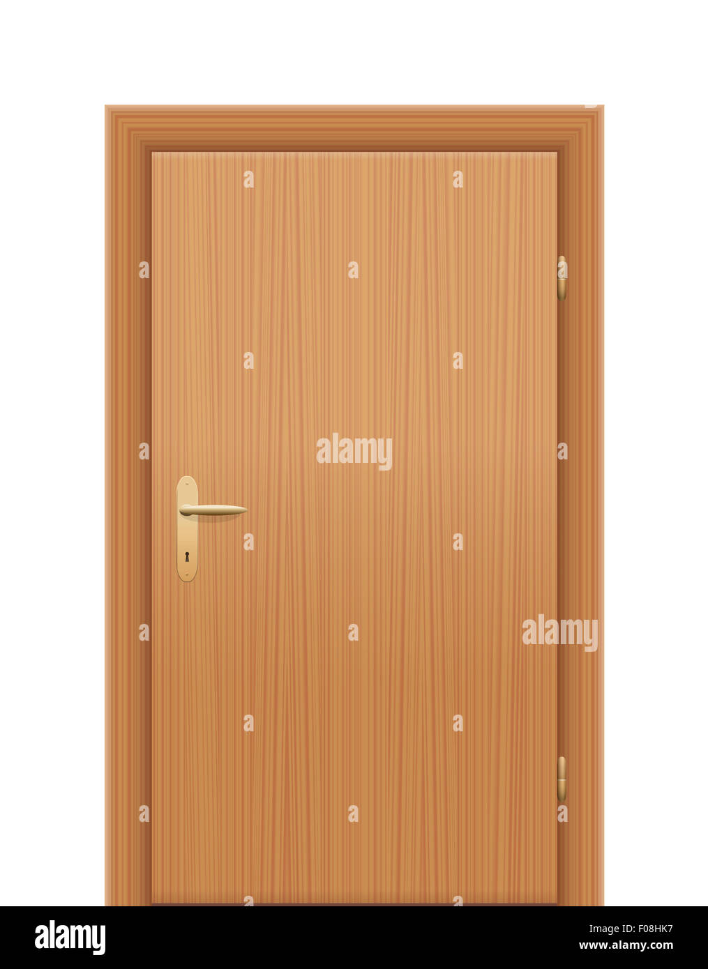Hölzerne Tür - als Rechte Hand rückwärts geöffnet werden. Abbildung auf weißem Hintergrund. Stockfoto