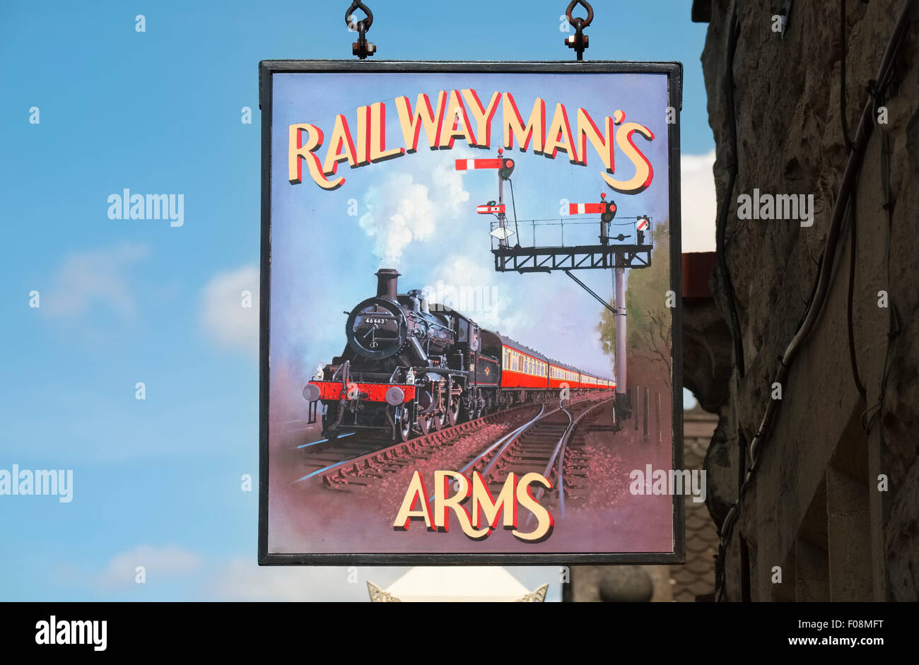 Eisenbahner Arms Pub unterzeichnen auf der Plattform an Bridgnorth Station, auf der Severn Valley Railway, Shropshire. Stockfoto